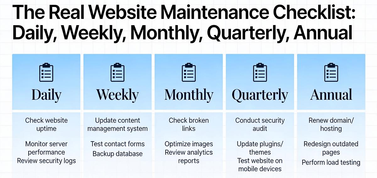 The Real Website Maintenance Checklist: Daily, Weekly, Monthly, Quarterly, Annual